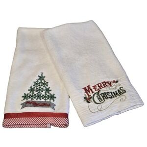Arctic Holiday "Merry Christmas" Embroidered Hand Towels Set of 2 White New